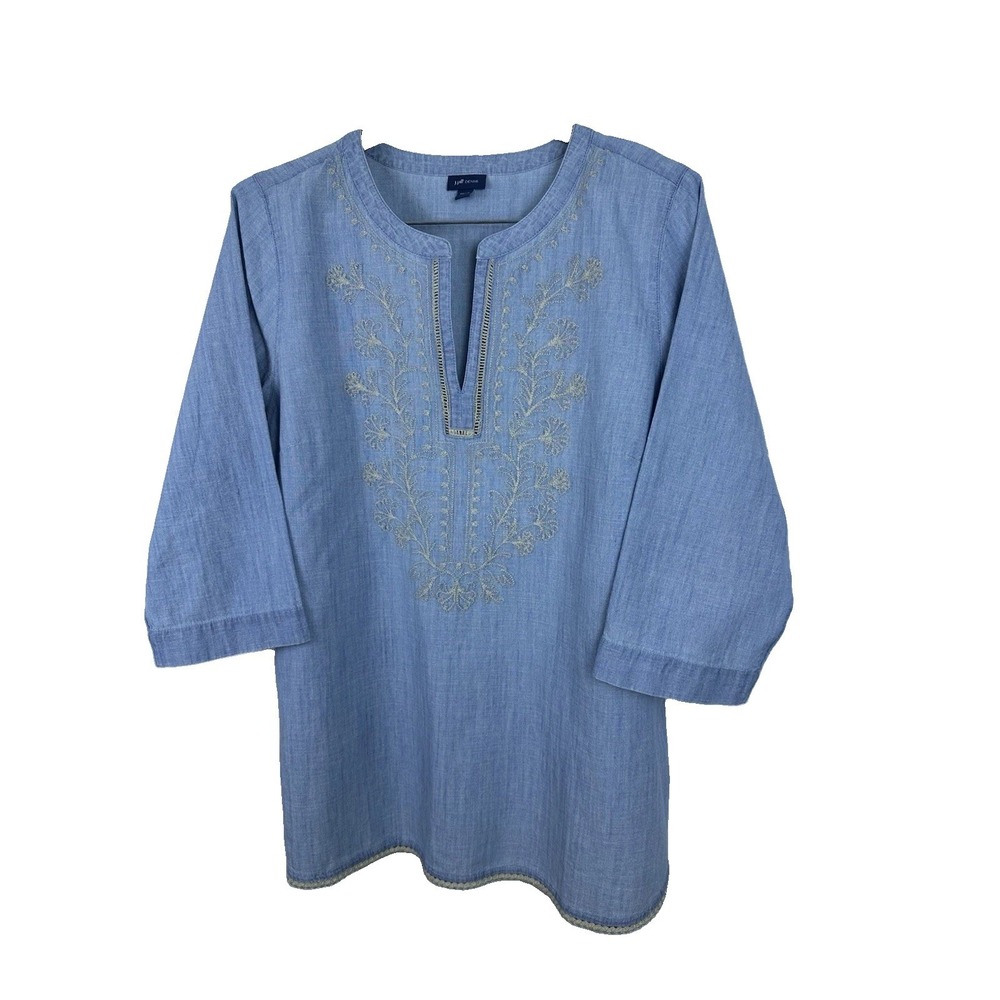 J Jill Denim Tunic Top Womens L Blue Chambray Embroidered Boho 3/4 Sleeve